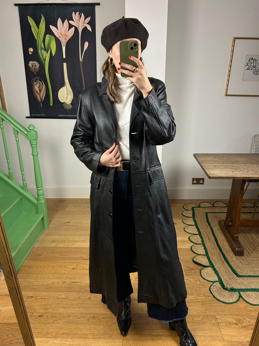Black Leather Long Trench - M