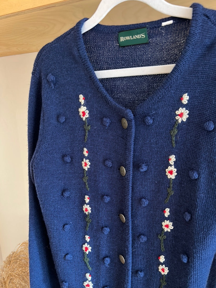 Bobble & Floral Knit Cardigan - M