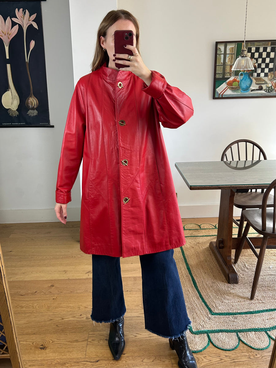 Red Leather Swing Coat - M