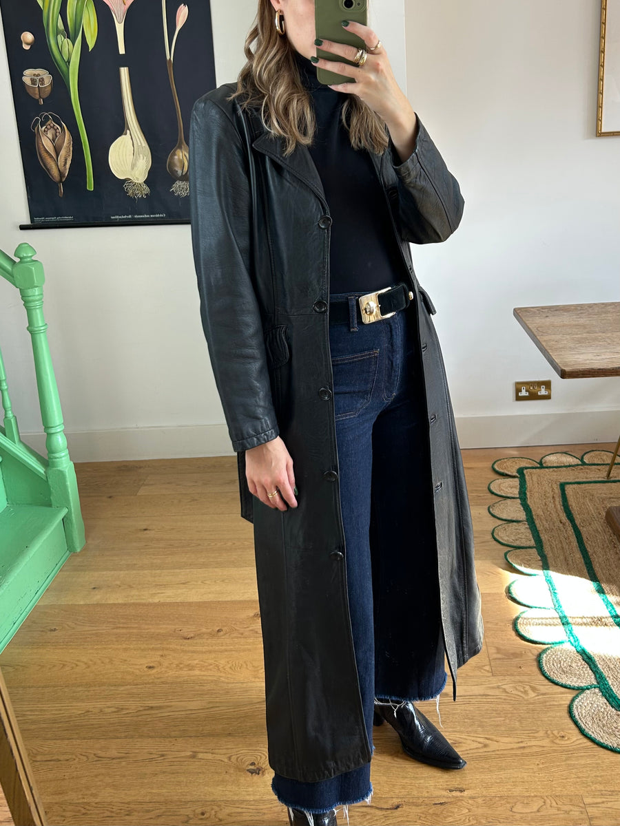 Black Leather Trench Coat - XS/S