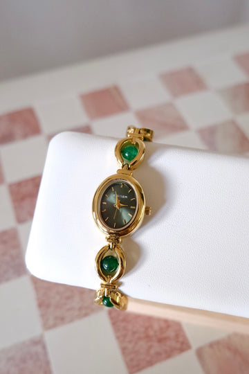 Green Beaded Gold-Plated Watch