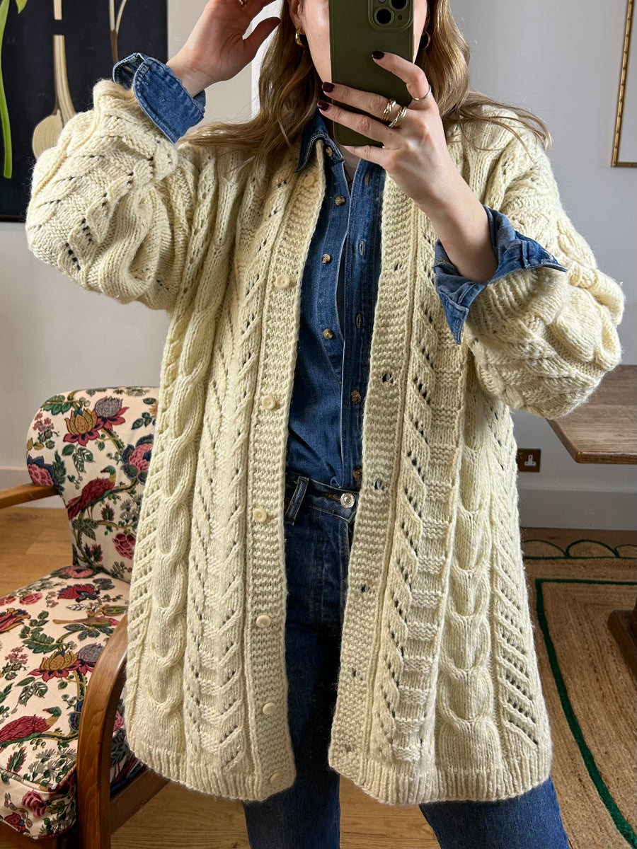 Oversized Cable Knit Cardigan - L
