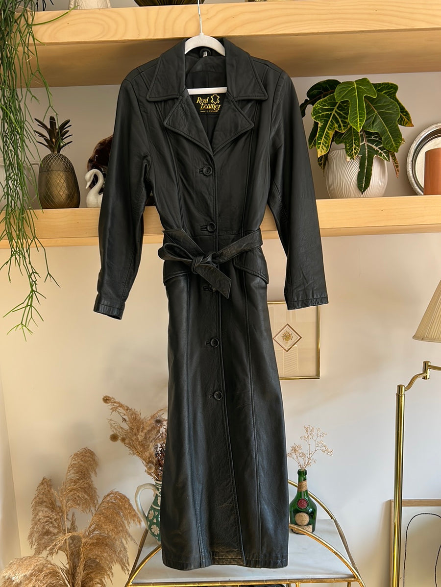 Black Leather Trench Coat - XS/S