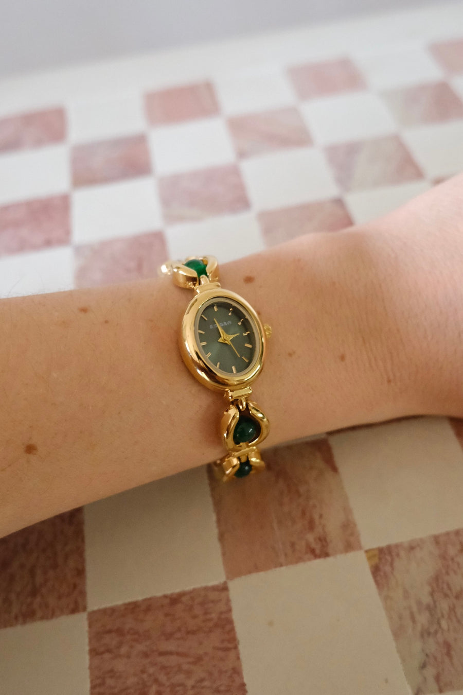Green Beaded Gold-Plated Watch