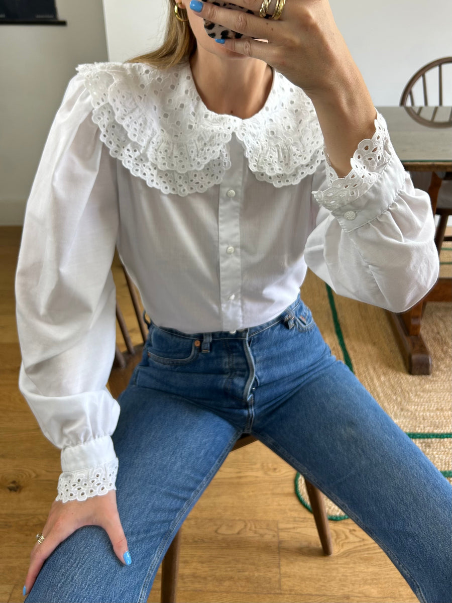 White Oversized Collar Blouse - M