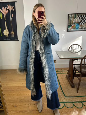 Denim Mongolian Fur Coat - M