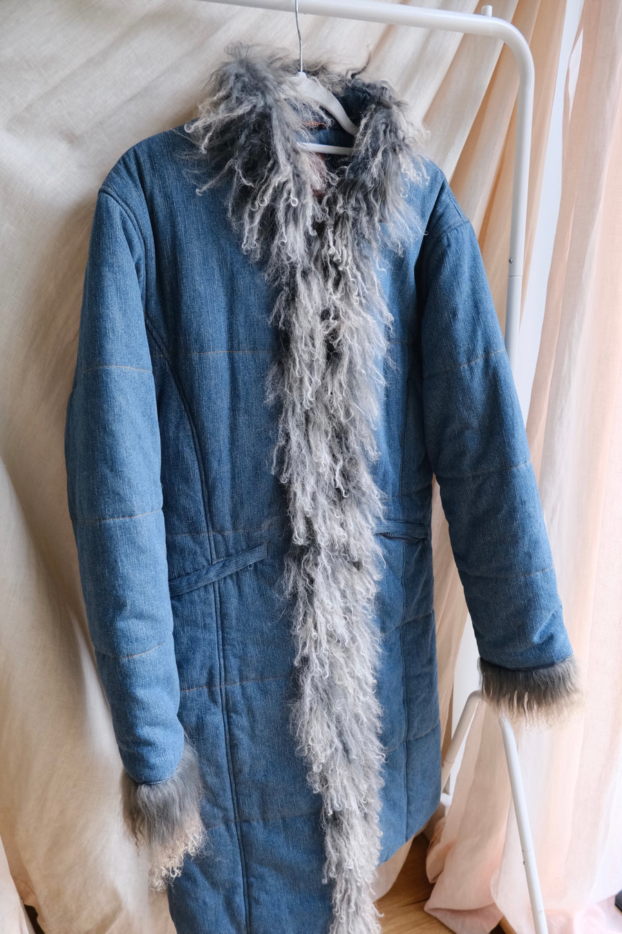 Denim Mongolian Fur Coat - M