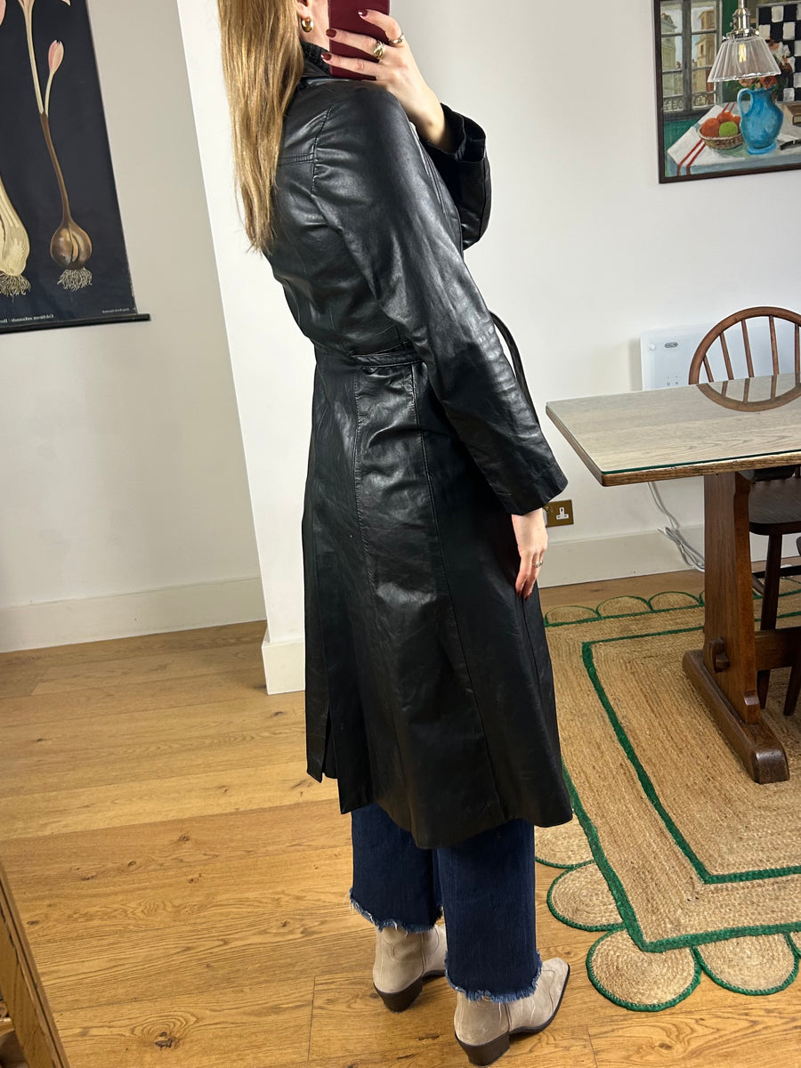 Black Leather Trench Coat - S
