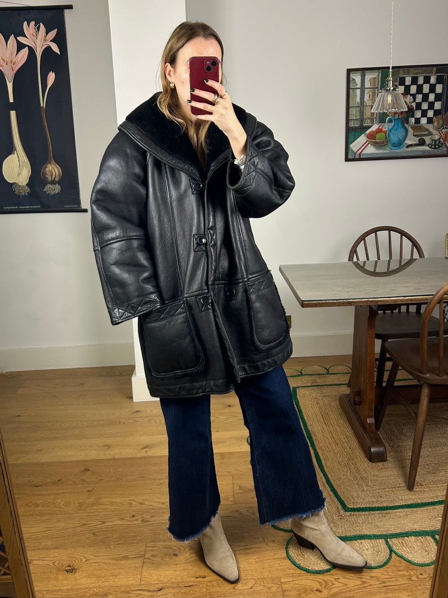 Black Leather Sheepskin Coat - L