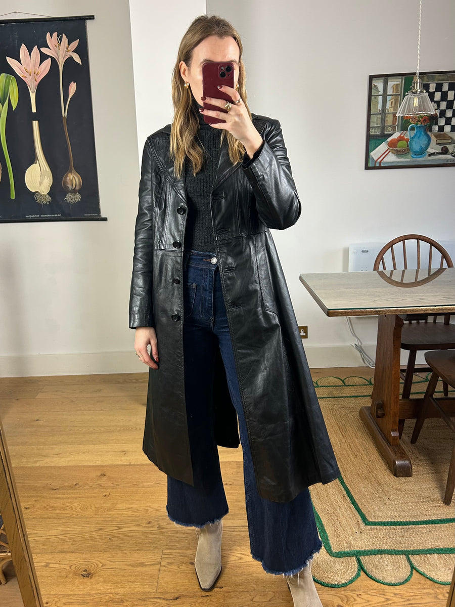 Black Leather Trench Coat - S