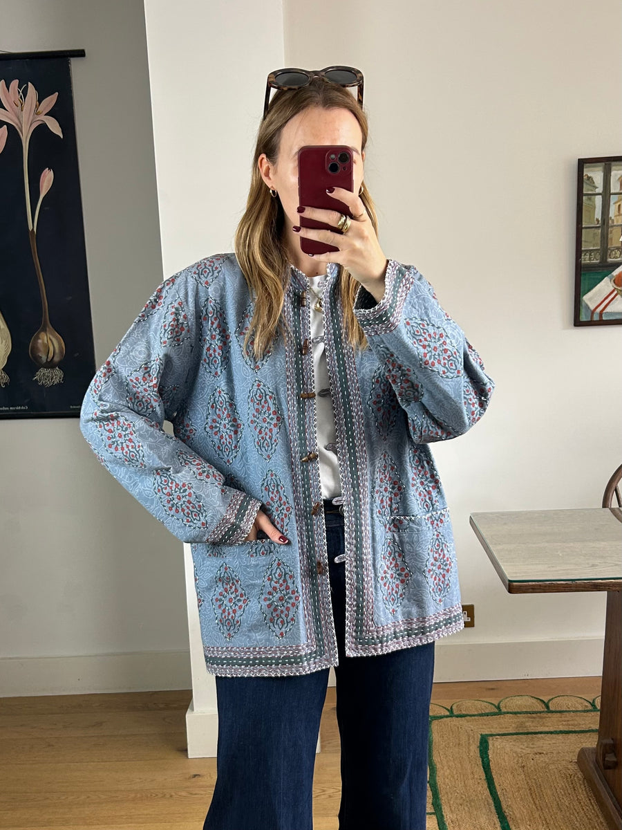 Blue Cotton Print Jacket - M-L