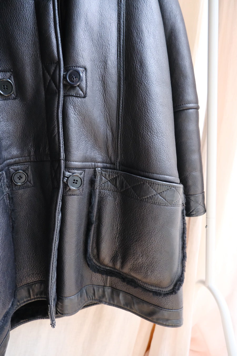 Black Leather Sheepskin Coat - L