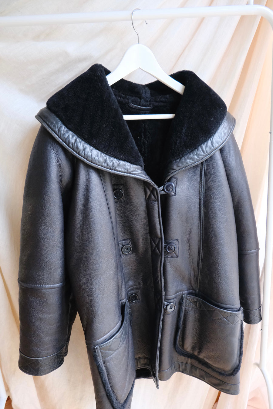 Black Leather Sheepskin Coat - L