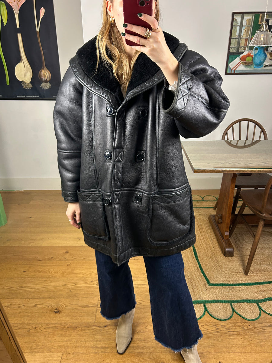 Black Leather Sheepskin Coat - L