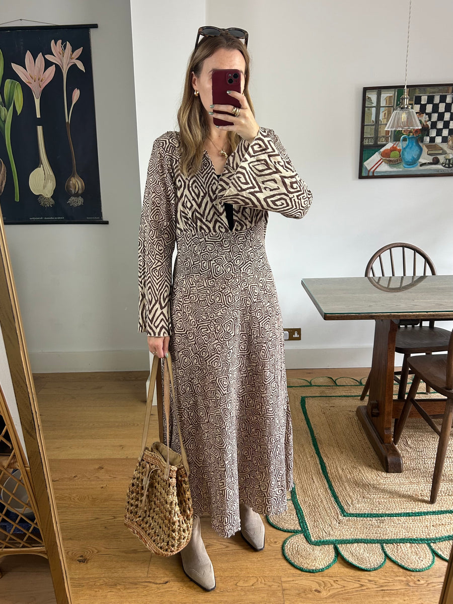 Brown Patterned Maxi Dress - UK 12