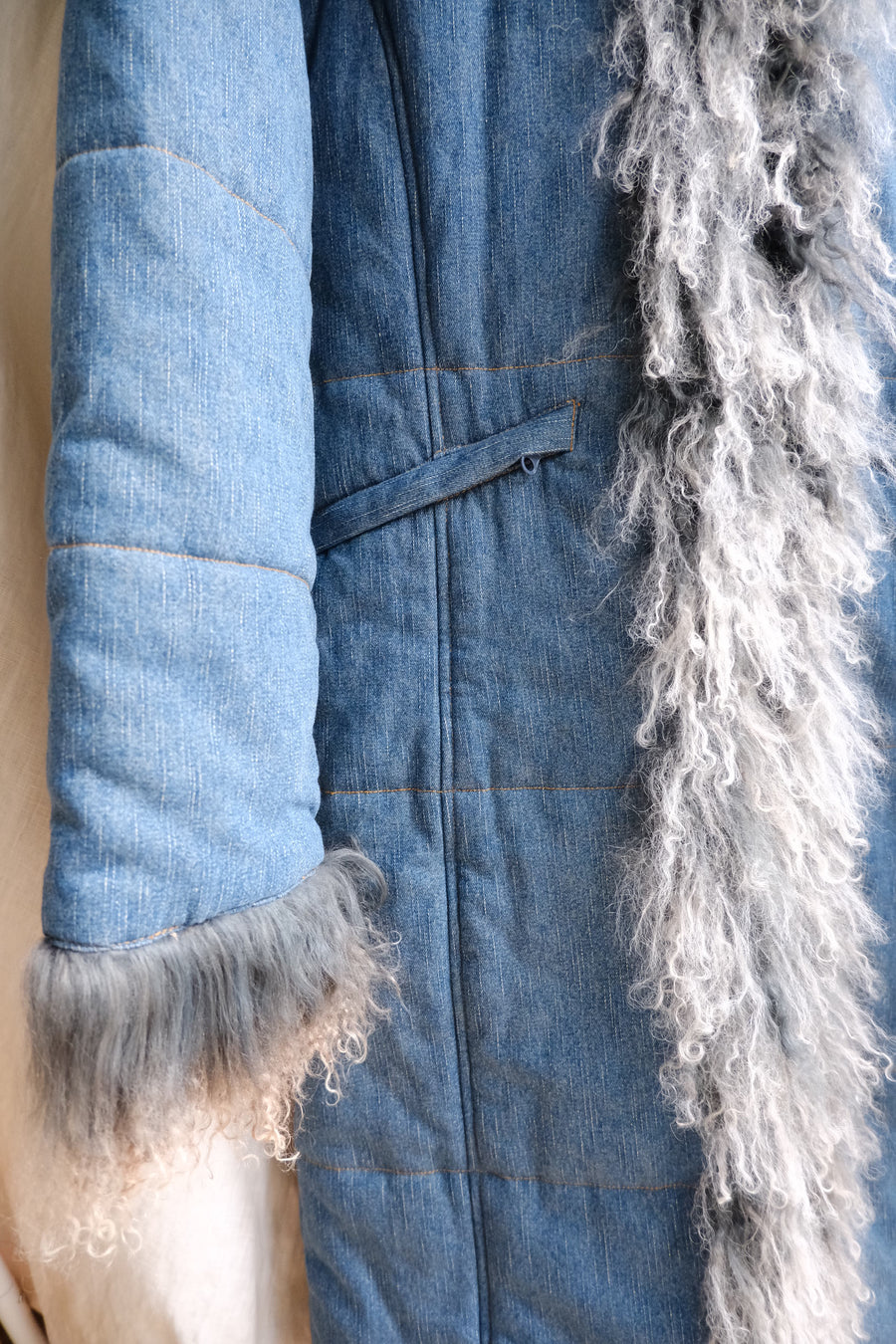 Denim Mongolian Fur Coat - M