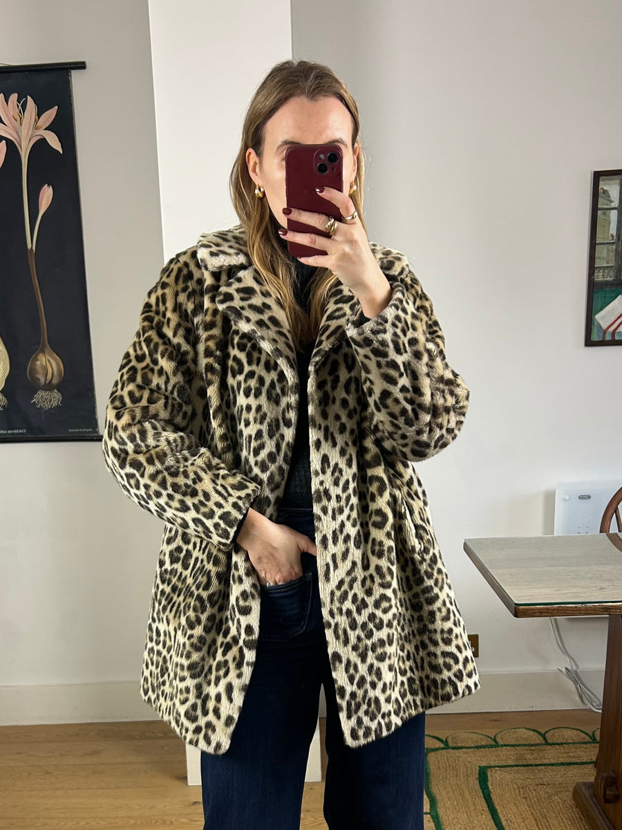 Leopard Faux Fur Coat - M