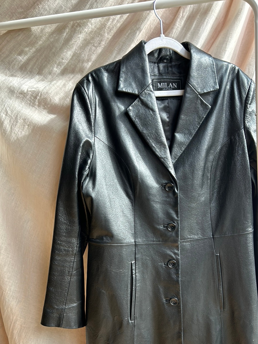 Black Leather Midi Jacket - M