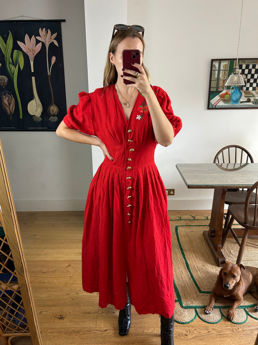 Red Linen Strawberry Dress - UK 14