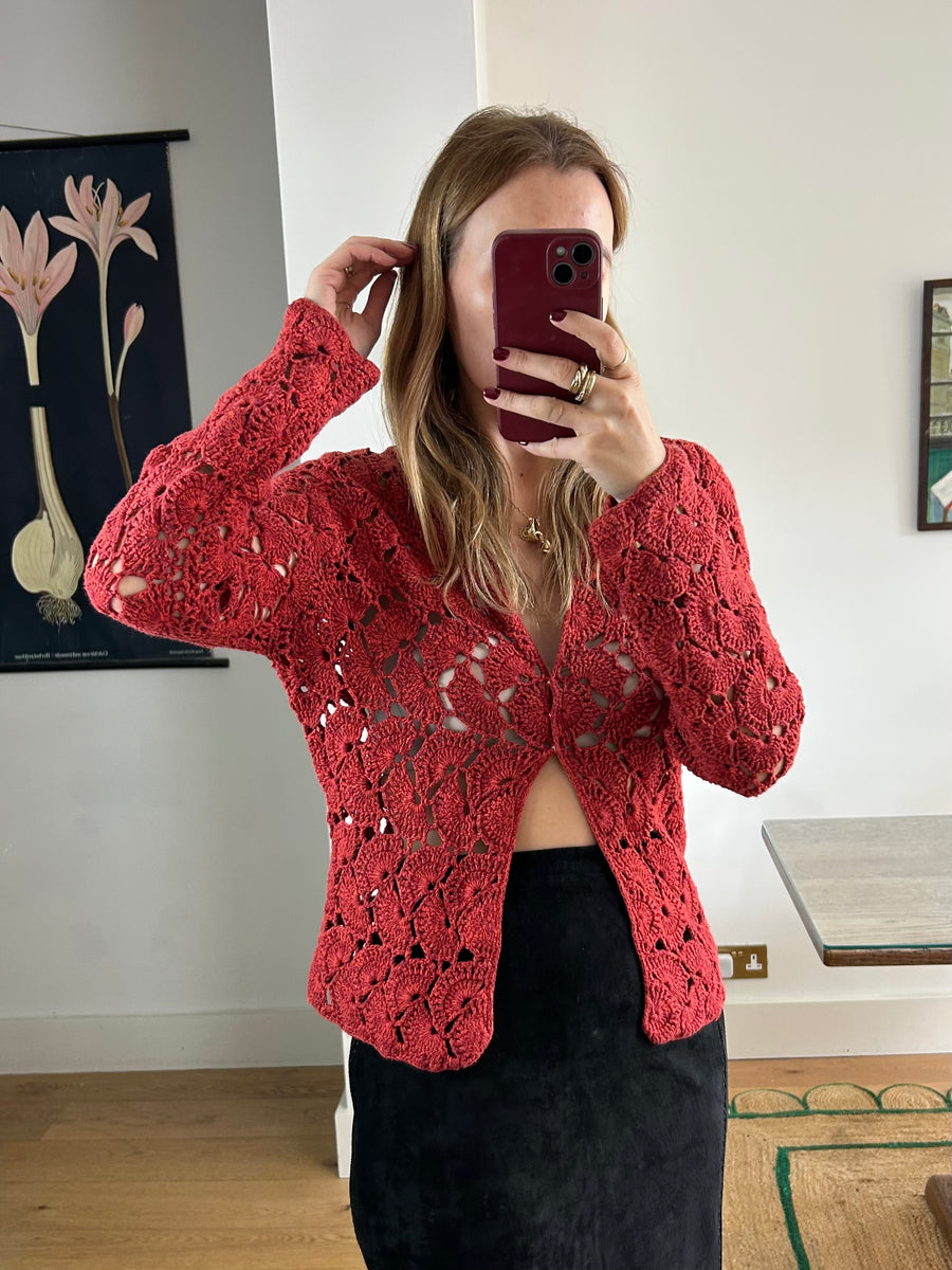 Red Crochet Cardigan - S