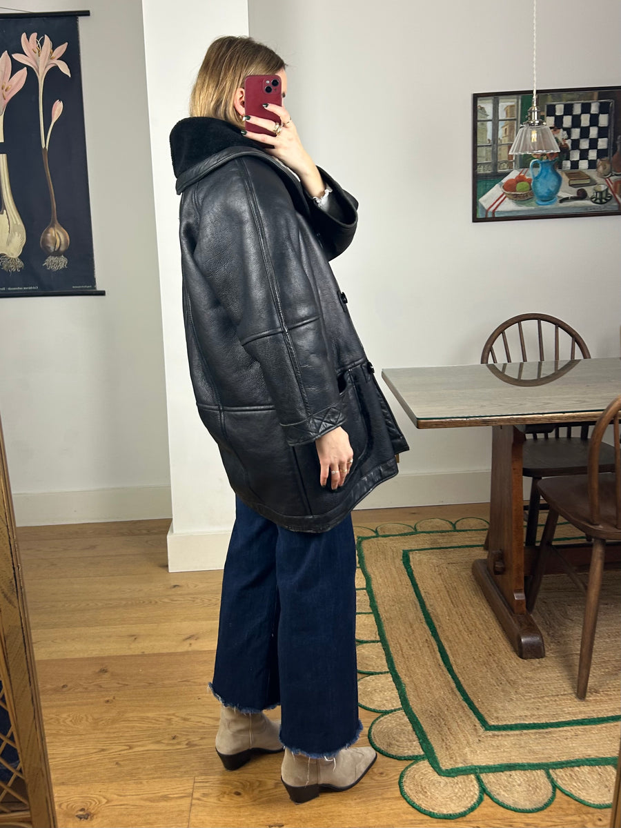 Black Leather Sheepskin Coat - L