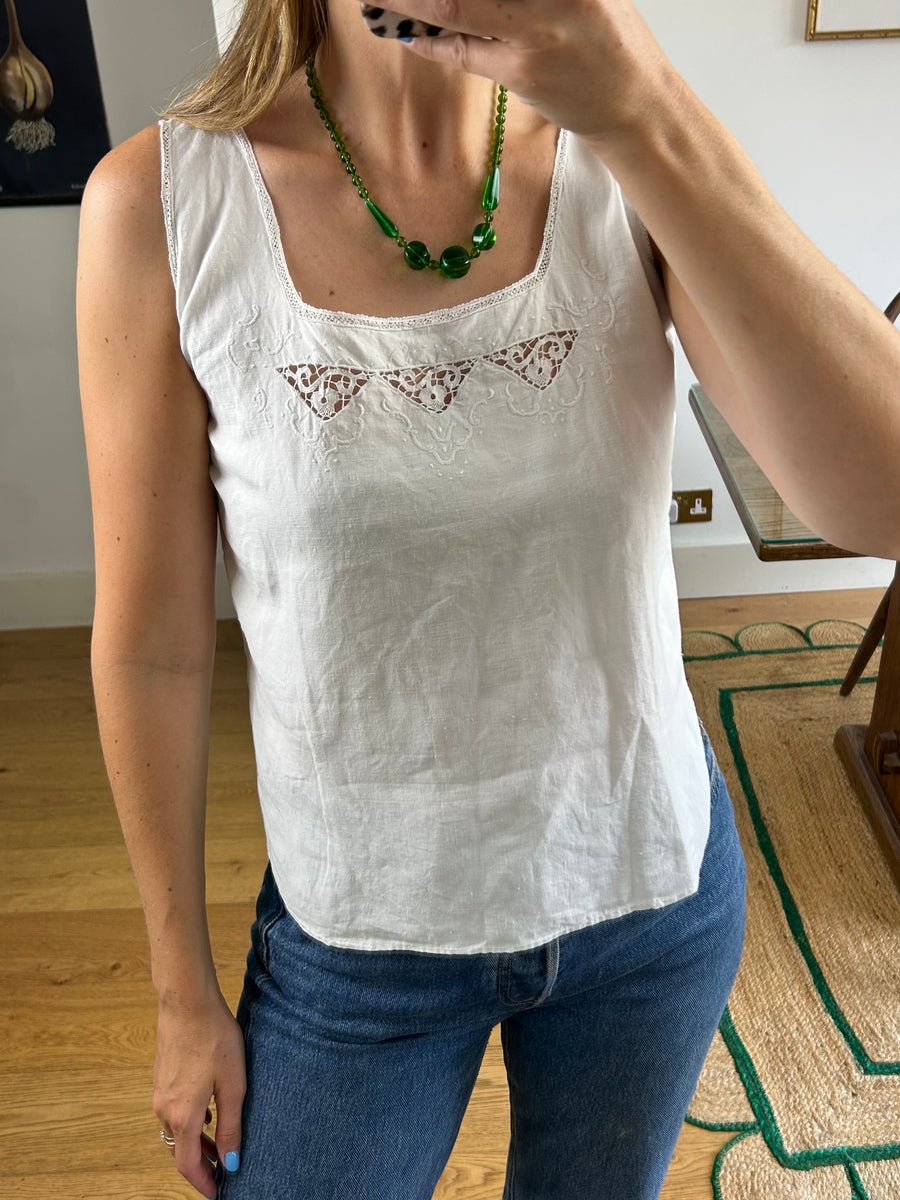 White Linen Lace Vest - S