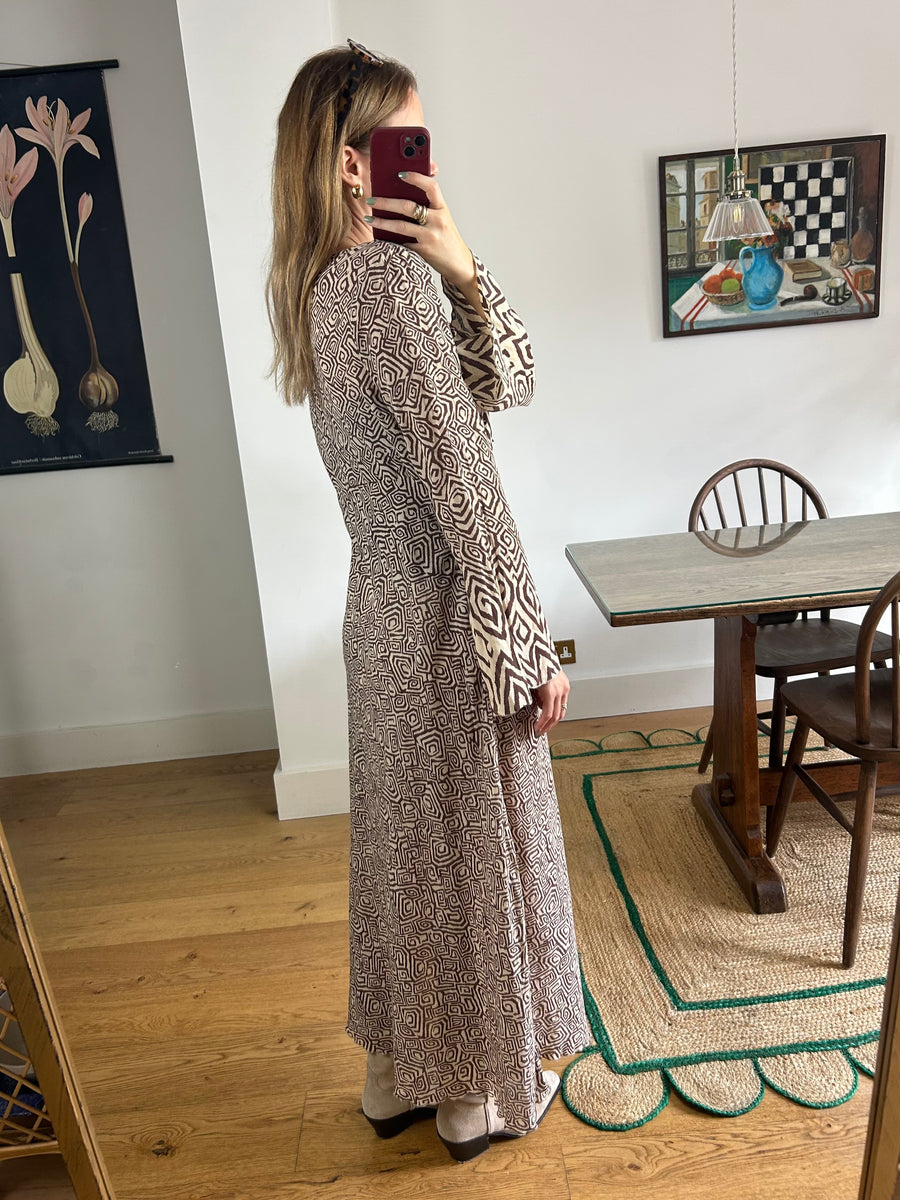 Brown Patterned Maxi Dress - UK 12