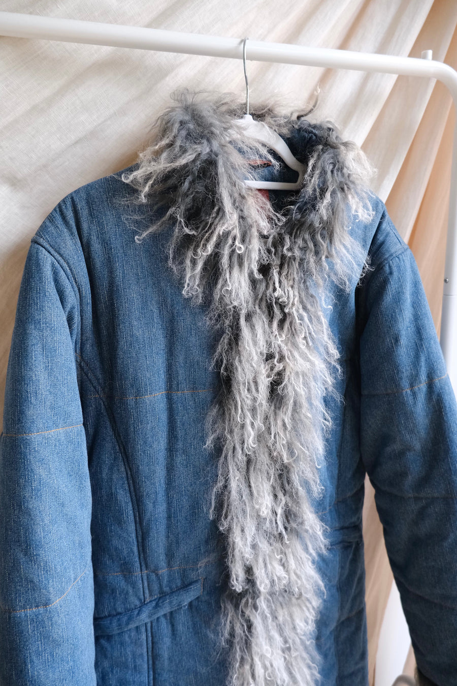 Denim Mongolian Fur Coat - M