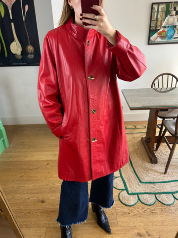 Red Leather Swing Coat - M