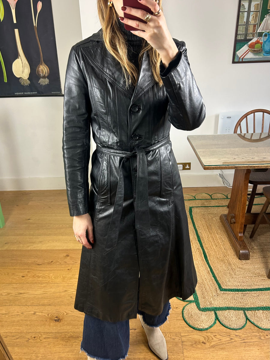 Black Leather Trench Coat - S