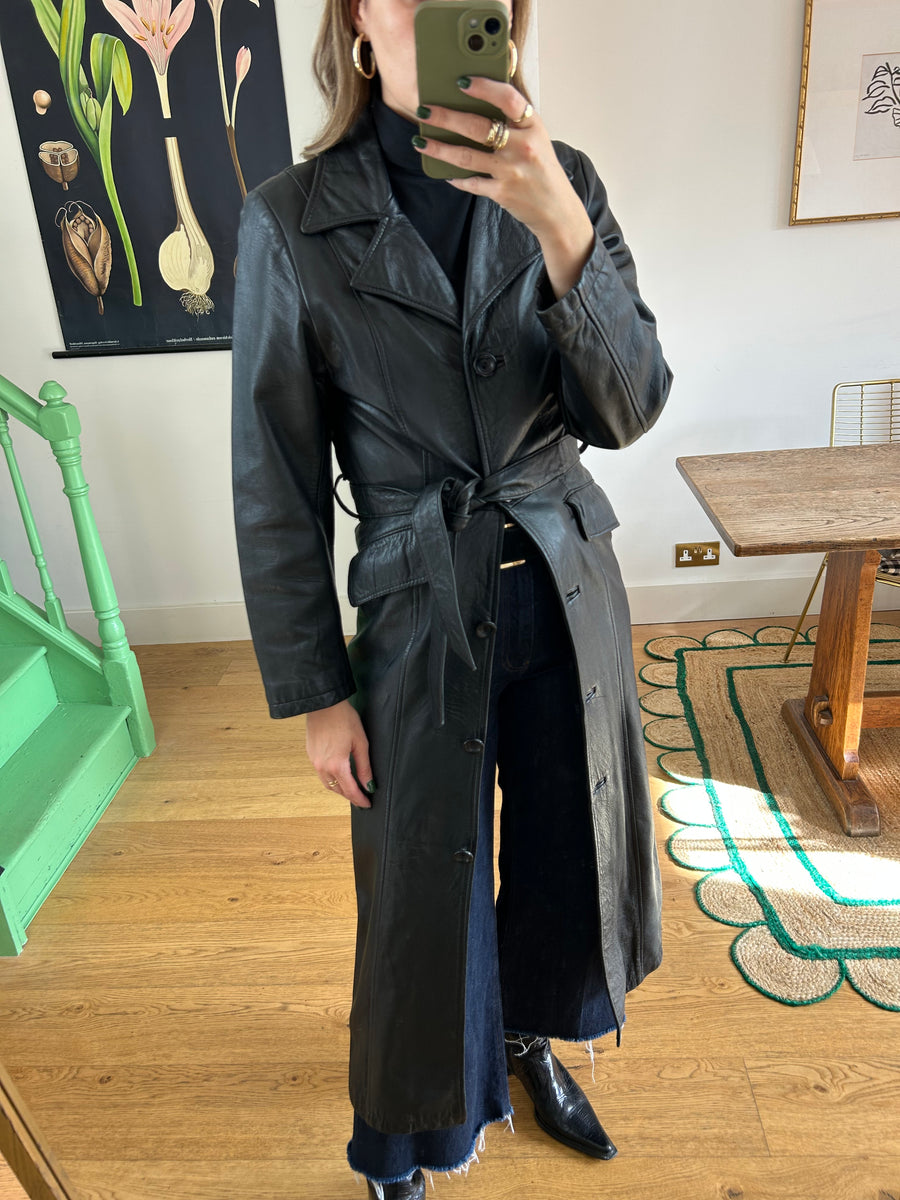 Black Leather Trench Coat - XS/S