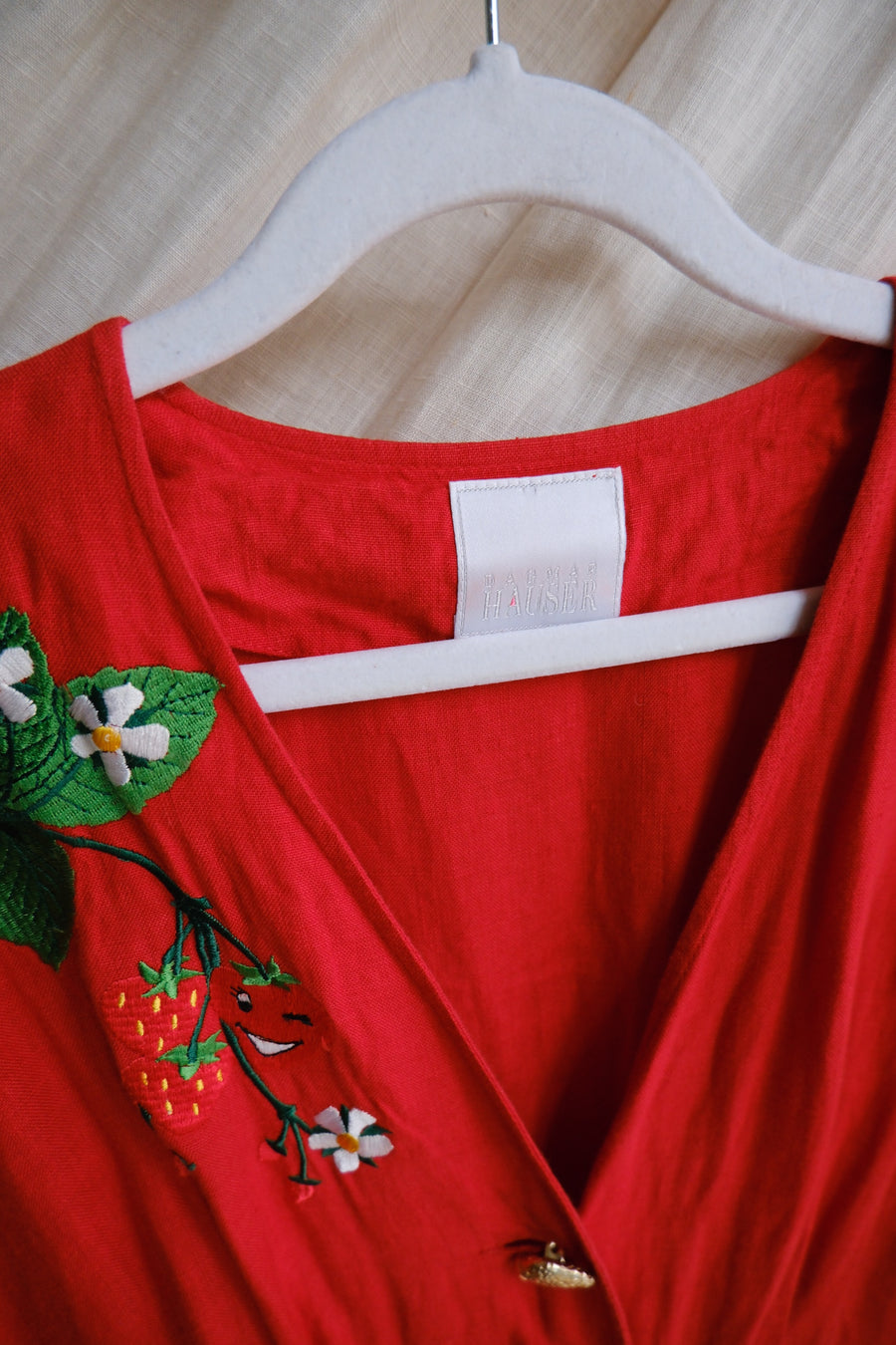 Red Linen Strawberry Dress - UK 14