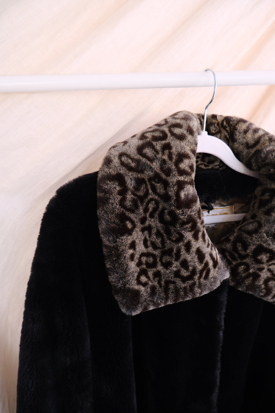 Black & Leopard Faux Fur Coat - L