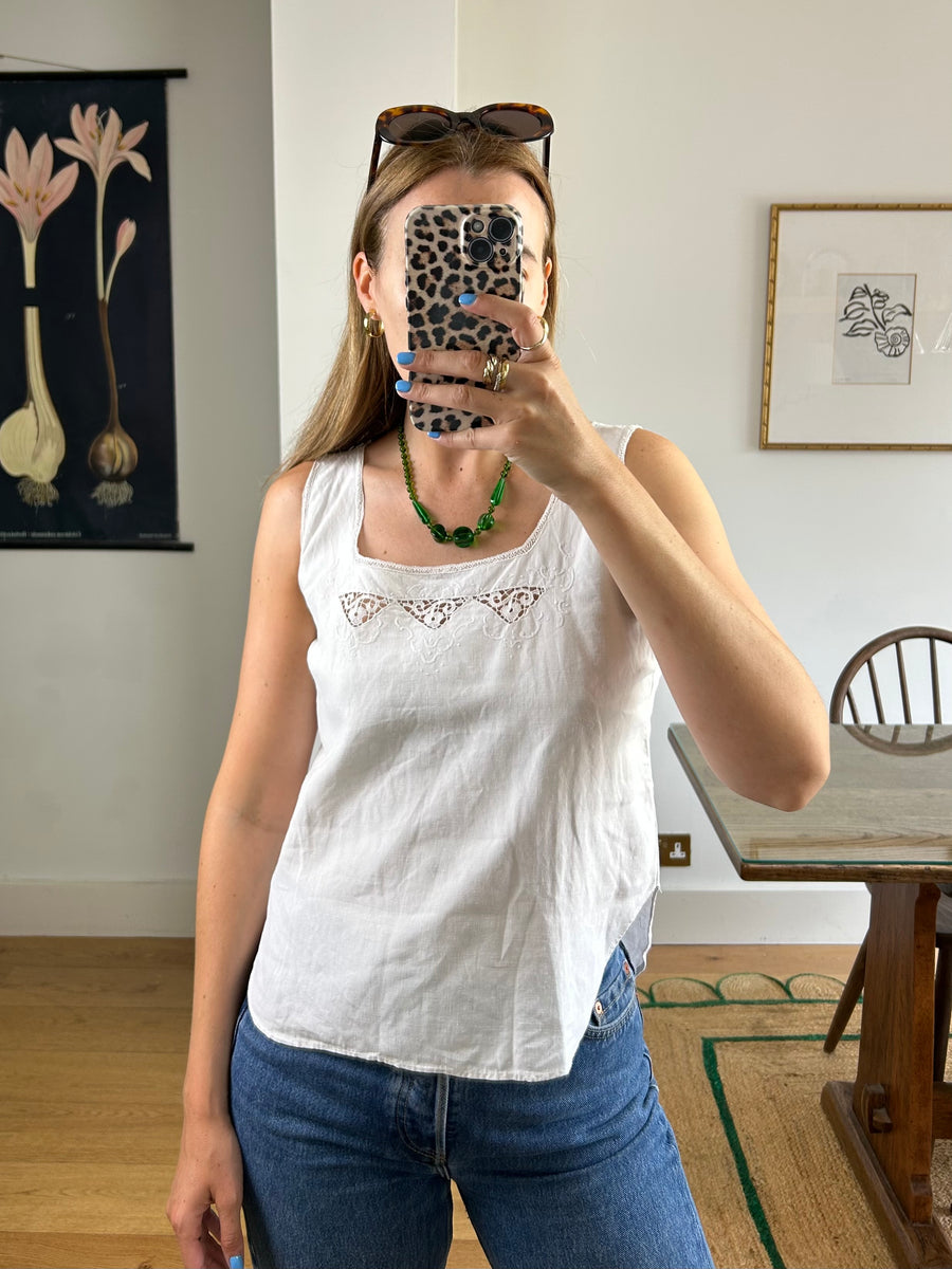 White Linen Lace Vest - S
