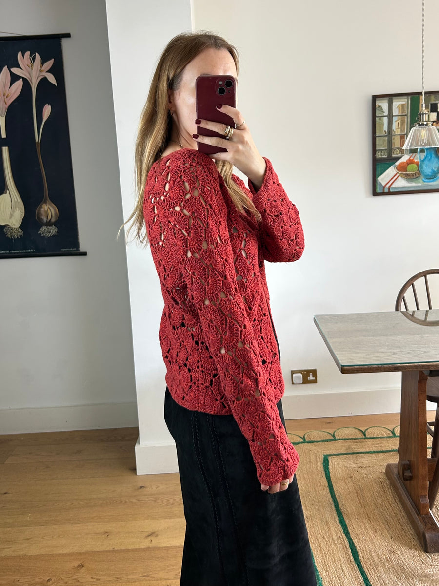 Red Crochet Cardigan - S