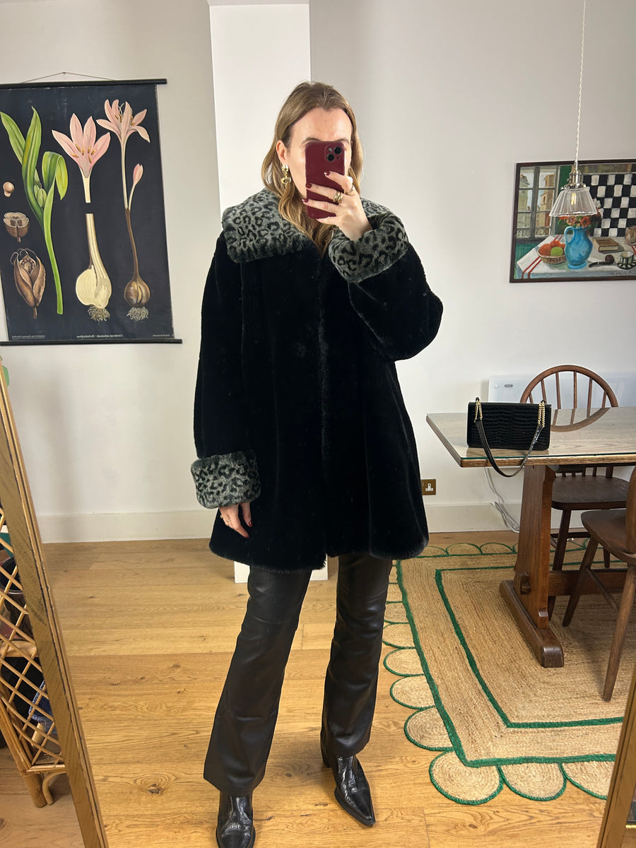 Black & Leopard Faux Fur Coat - L