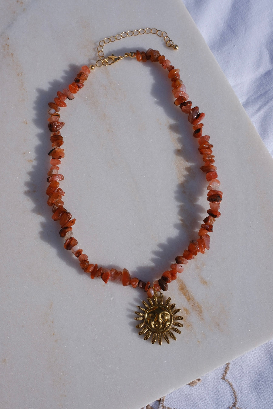 Red Agate Beaded Sun Pendant Necklace