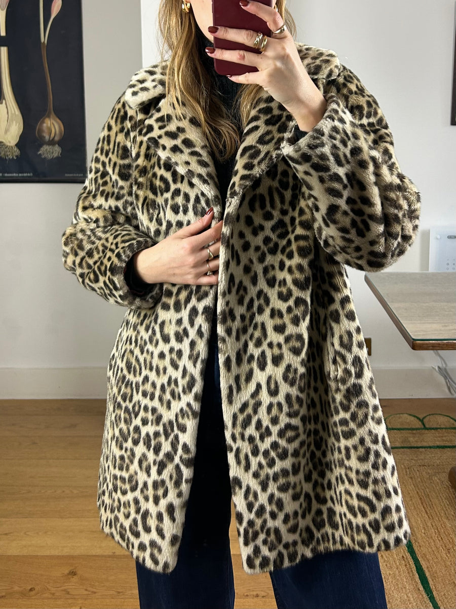 Leopard Faux Fur Coat - M