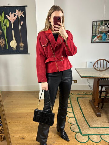 Red Suede Biker Jacket - S/M
