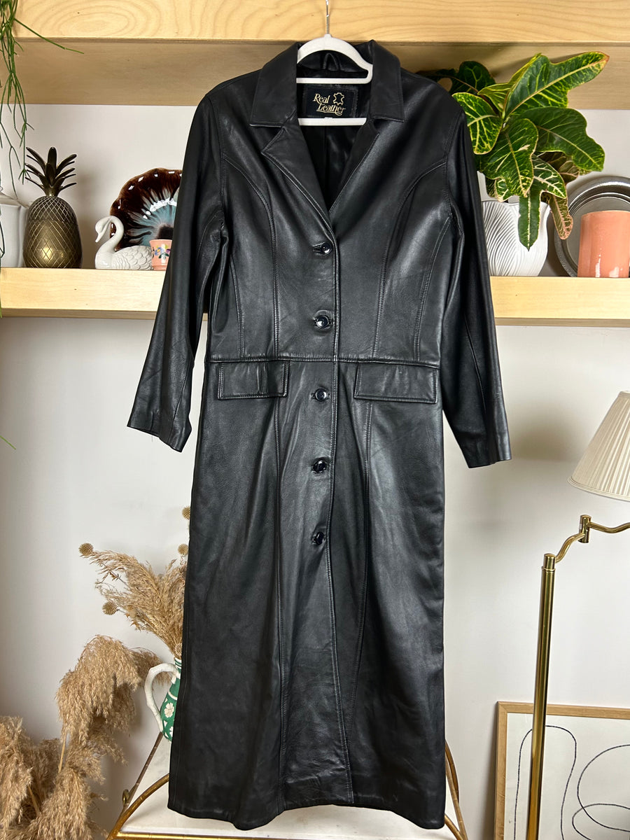 Black Leather Long Trench - M