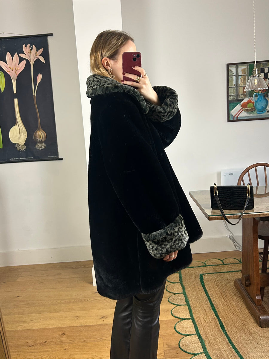 Black & Leopard Faux Fur Coat - L