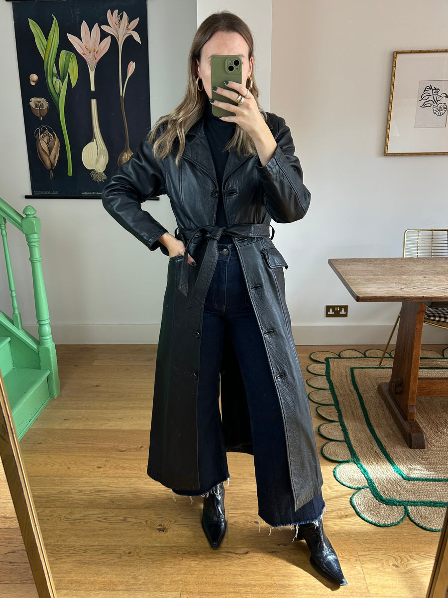 Black Leather Trench Coat - XS/S