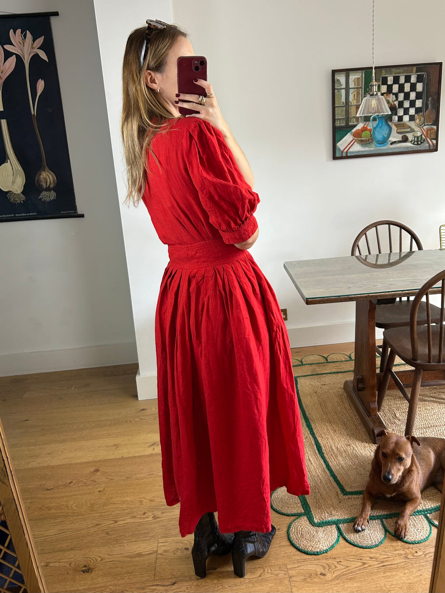 Red Linen Strawberry Dress - UK 14