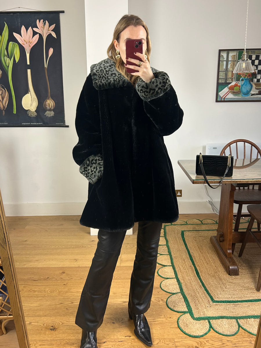 Black & Leopard Faux Fur Coat - L