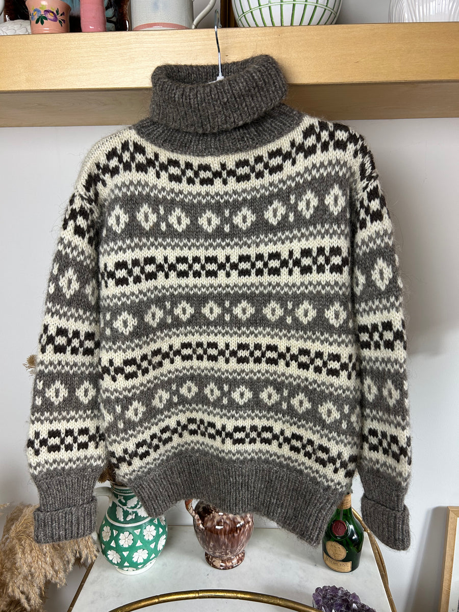 Wool Roll Neck Icelandic Jumper - M