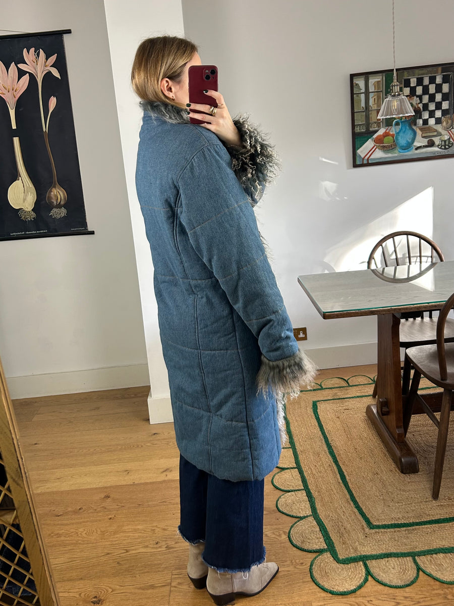 Denim Mongolian Fur Coat - M