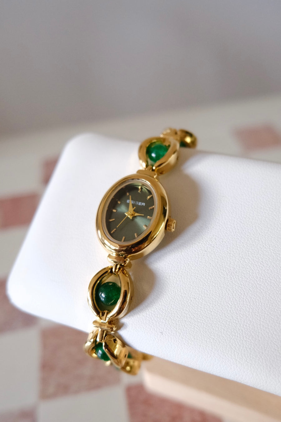 Green Beaded Gold-Plated Watch