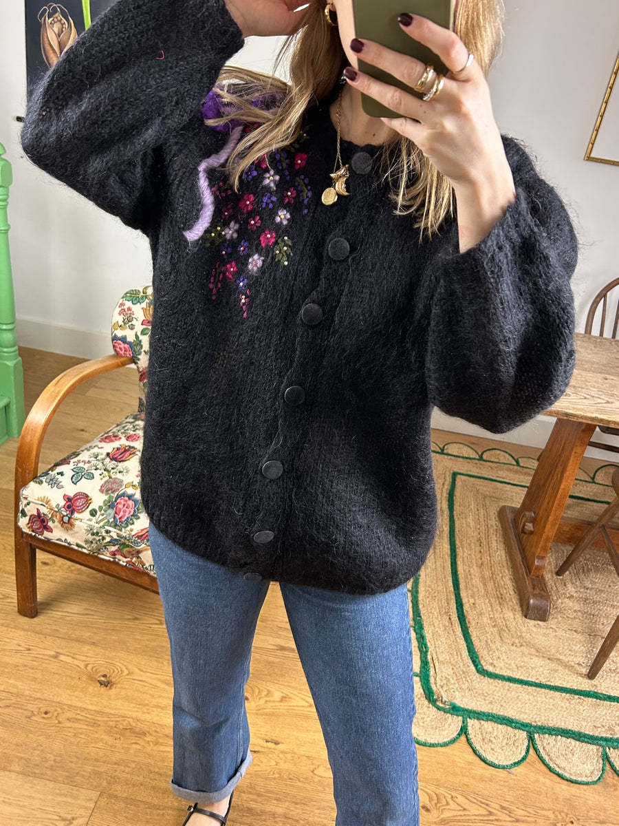 Bow & Floral Embroidered Mohair Cardigan - L