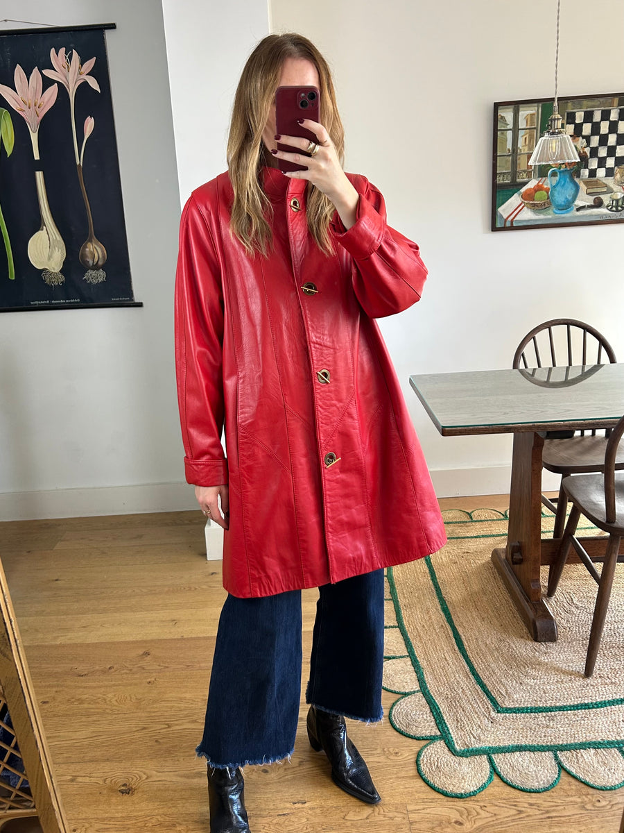 Red Leather Swing Coat - M