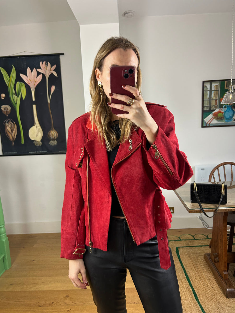 Red Suede Biker Jacket - S/M